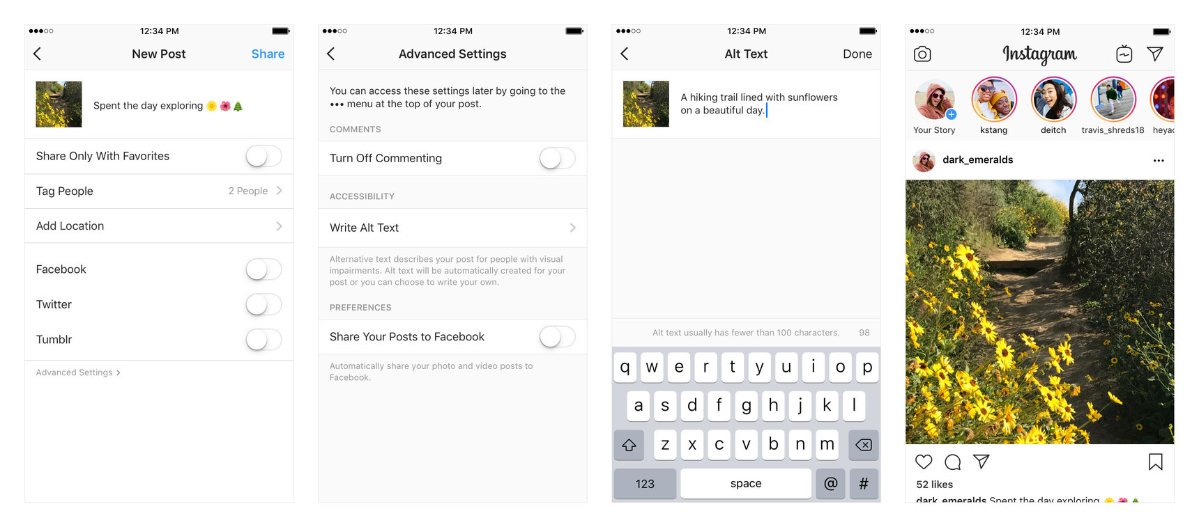 Скриншоты Instagram, демонстрирующие процесс добавления альтернативного текста к изображению